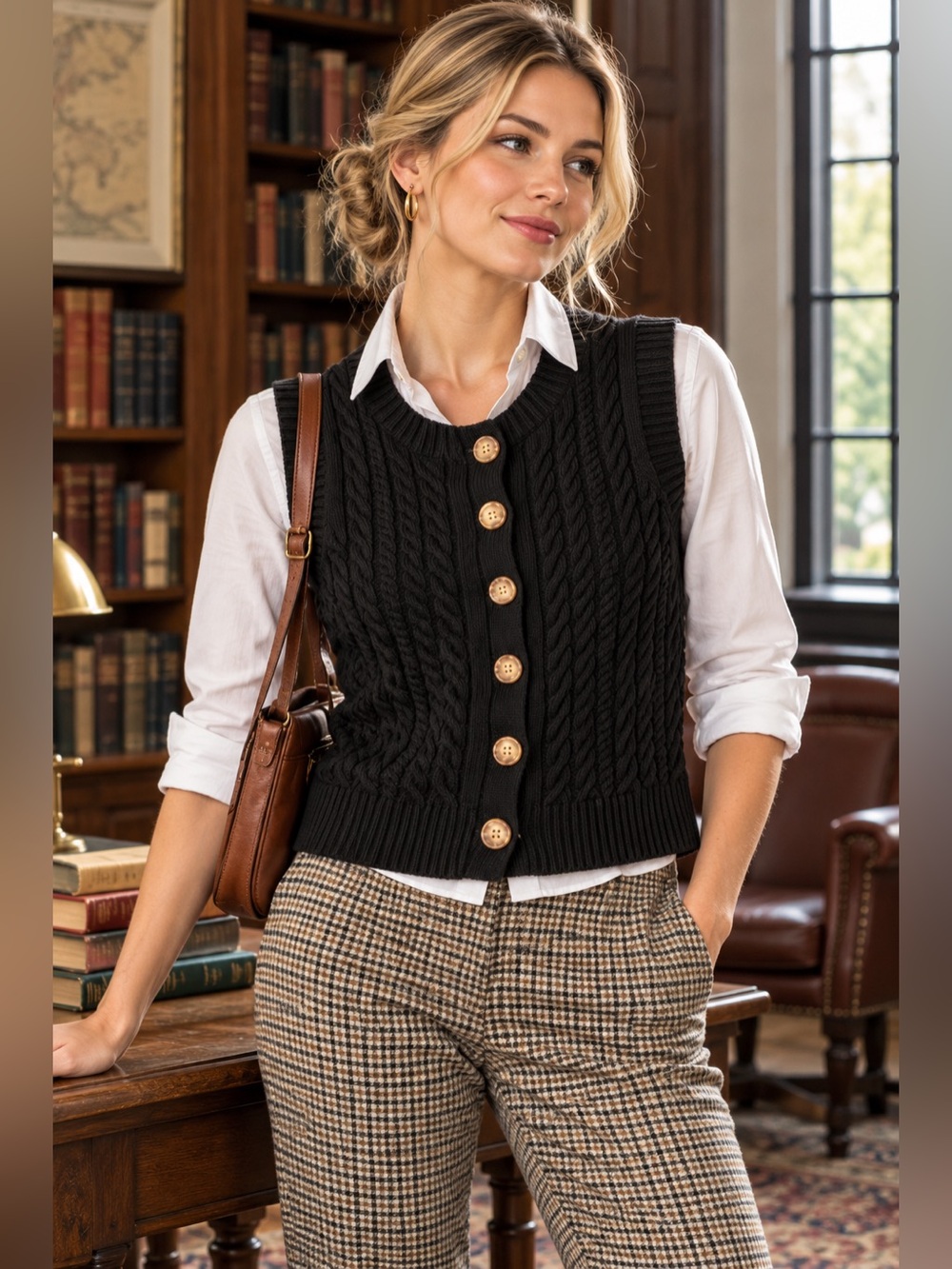 Evereve Davina Black Cable Knit Button Front Sweater Vest Size Small